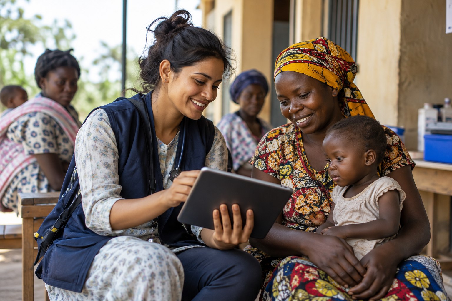 Community health worker supporting a mother and child